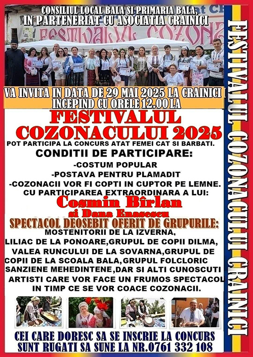 Asociaţia Crainici şi Primăria Bala organizează în data de 29 mai 2025, la Crainici, judeţul Mehedinţi, începând cu ora 12.00 o nouă ediţie a Festivalului Cozonacului. &nbsp;